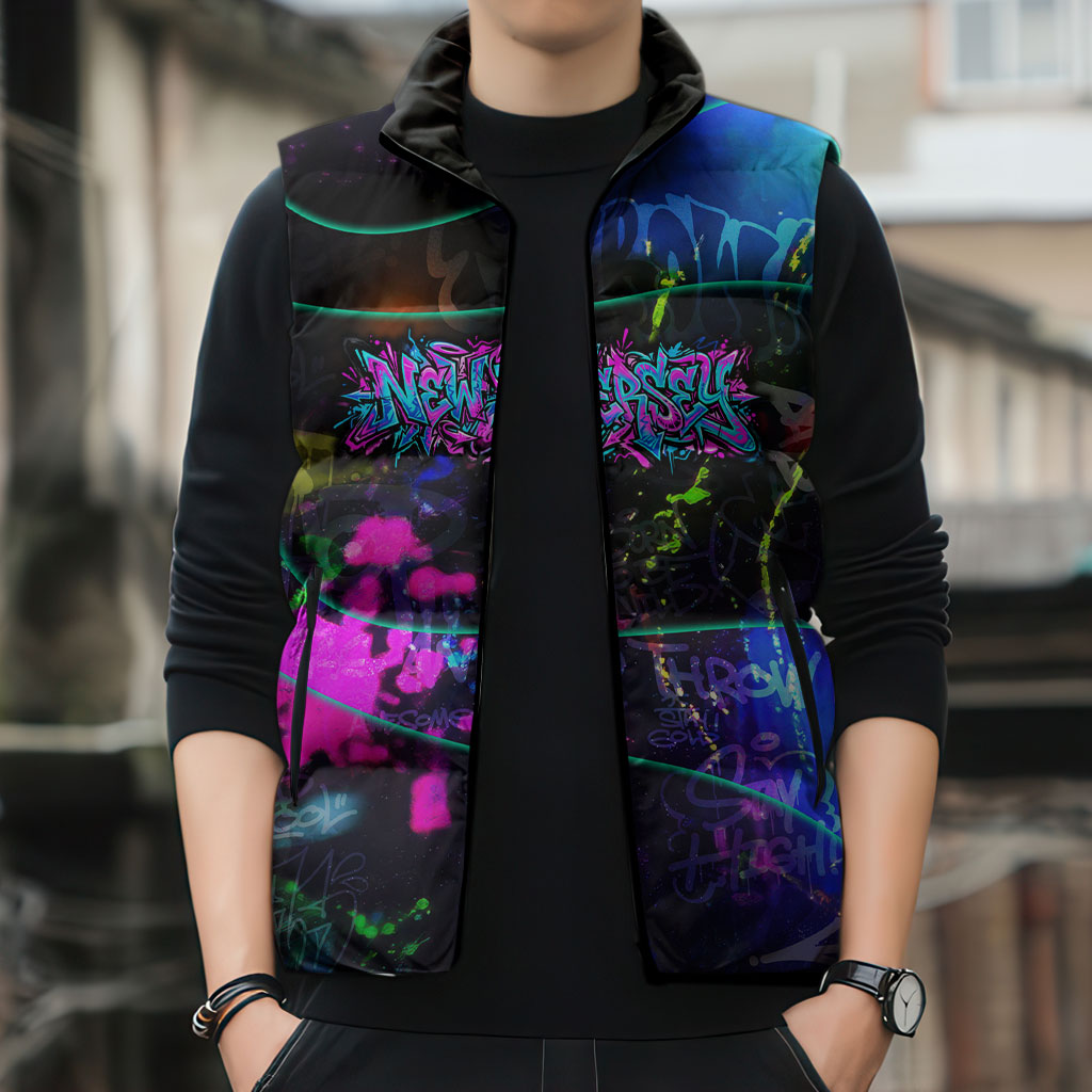 Personalized New Jersey Graffiti Mascot Sleeveless Puffer Jacket Urban Street Art - Vibrant Neon Spray Paint Aesthetic