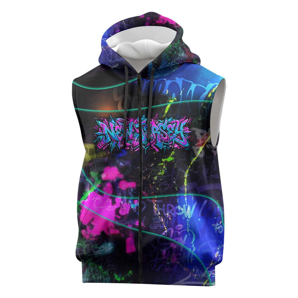 Personalized New Jersey Graffiti Mascot Sleeveless Zip Hoodie Urban Street Art - Vibrant Neon Spray Paint Aesthetic