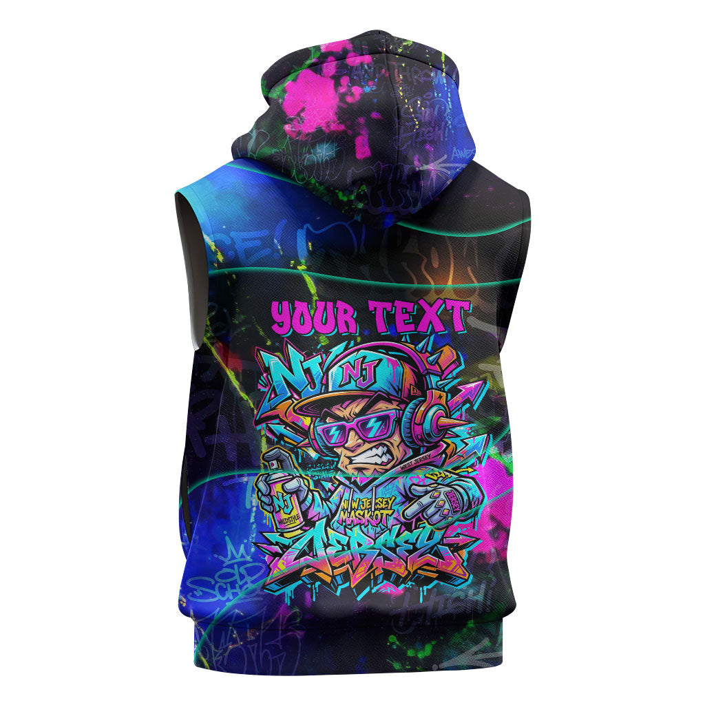 Personalized New Jersey Graffiti Mascot Sleeveless Zip Hoodie Urban Street Art - Vibrant Neon Spray Paint Aesthetic