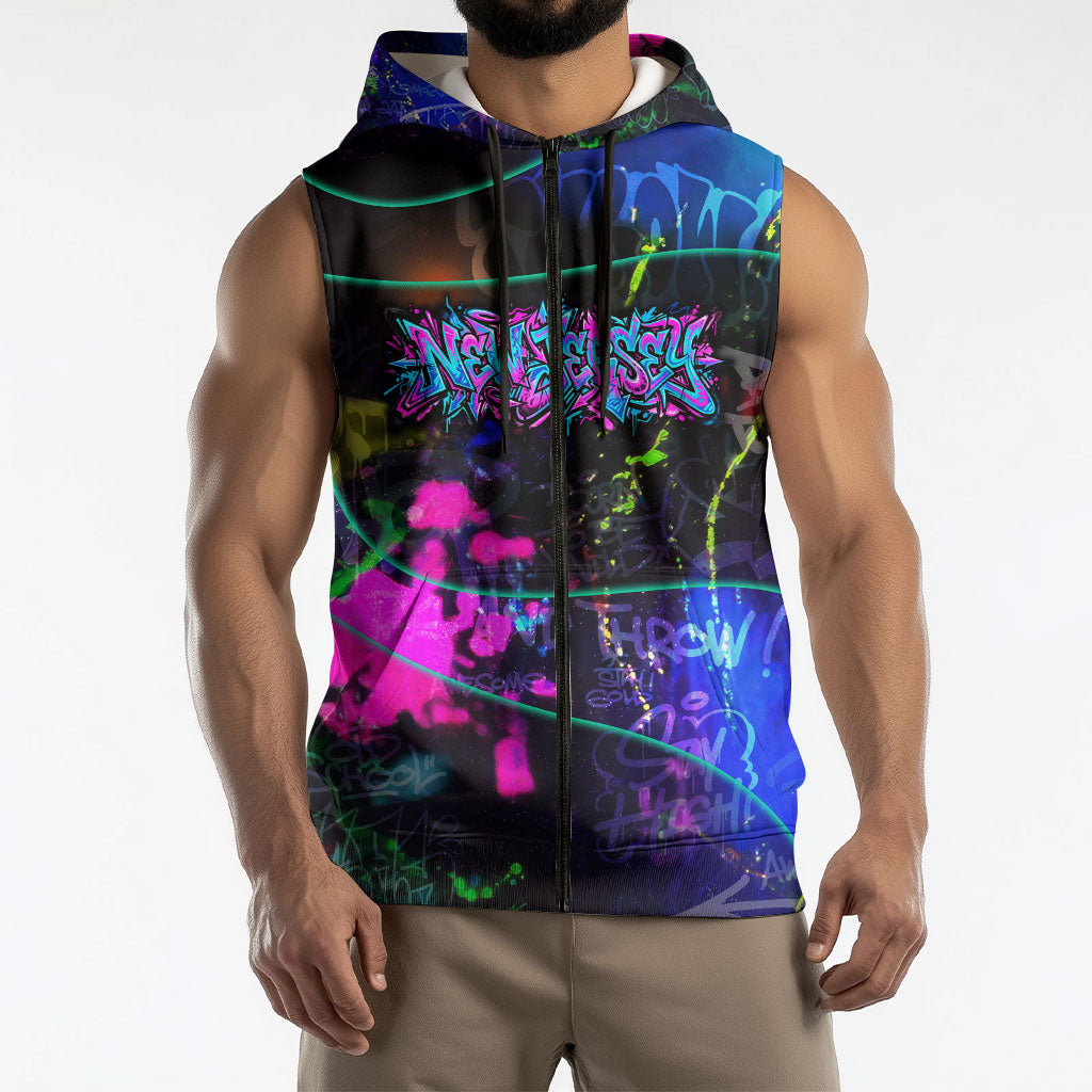 Personalized New Jersey Graffiti Mascot Sleeveless Zip Hoodie Urban Street Art - Vibrant Neon Spray Paint Aesthetic