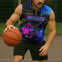 Personalized New Jersey Graffiti Mascot Sleeveless Zip Hoodie Urban Street Art - Vibrant Neon Spray Paint Aesthetic