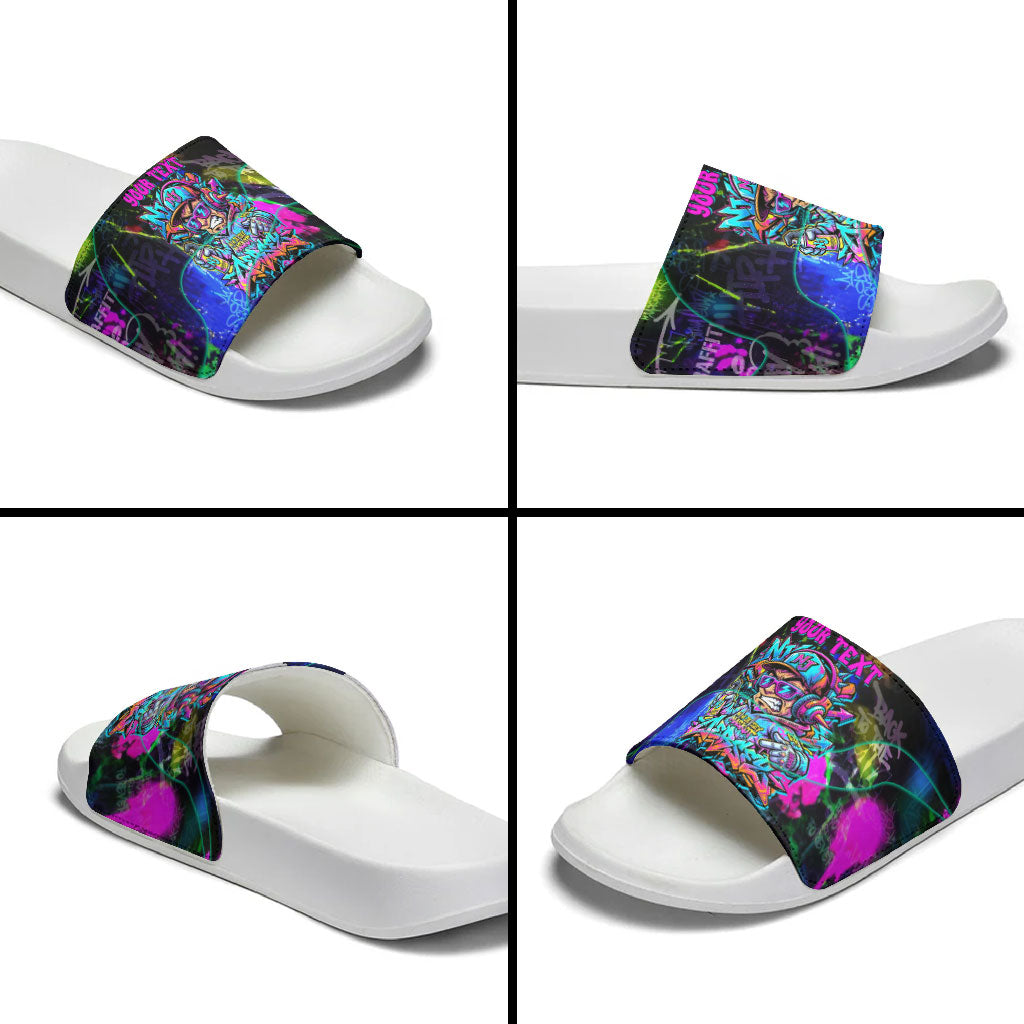 Personalized New Jersey Graffiti Mascot Slide Sandals Urban Street Art - Vibrant Neon Spray Paint Aesthetic