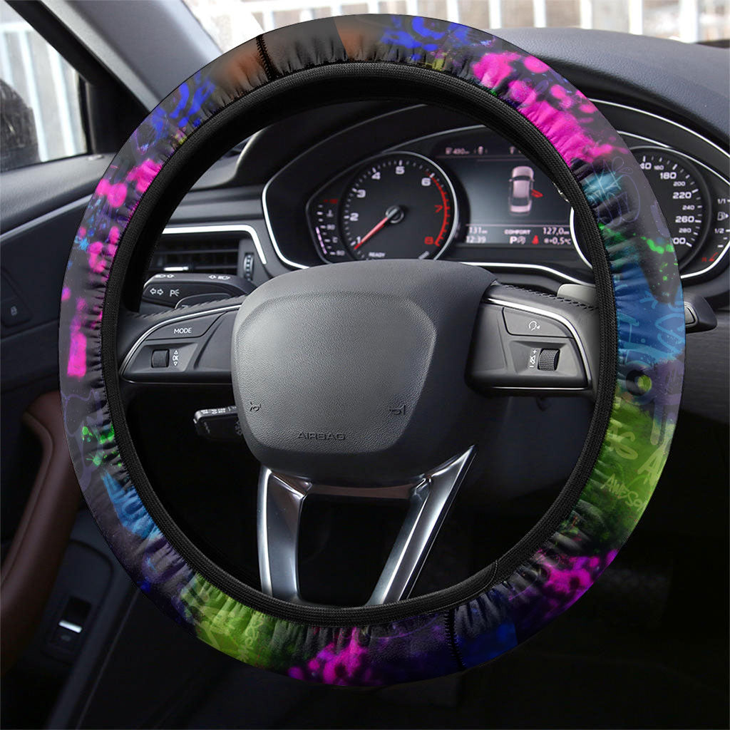 New Jersey Graffiti Mascot Steering Wheel Cover Urban Street Art - Vibrant Neon Spray Paint Aesthetic