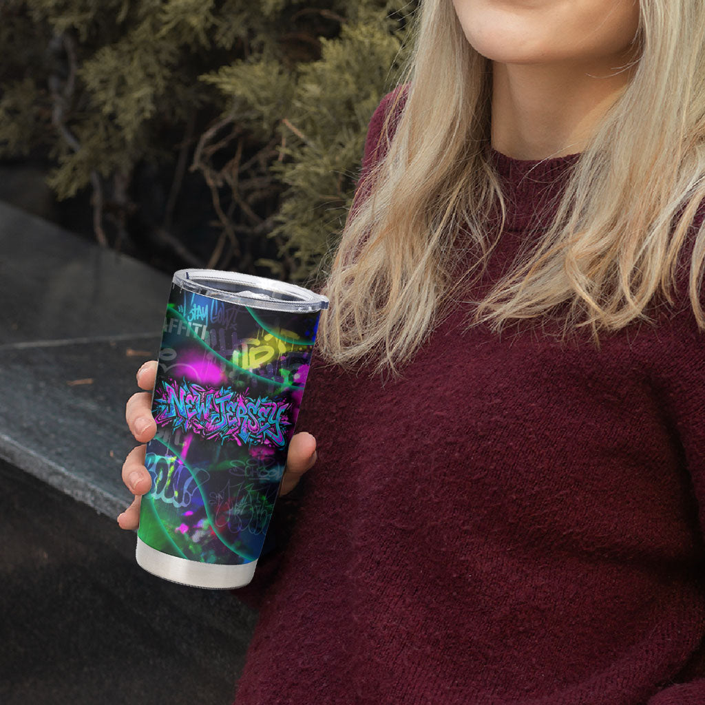 Personalized New Jersey Graffiti Mascot Tumbler Cup Urban Street Art - Vibrant Neon Spray Paint Aesthetic