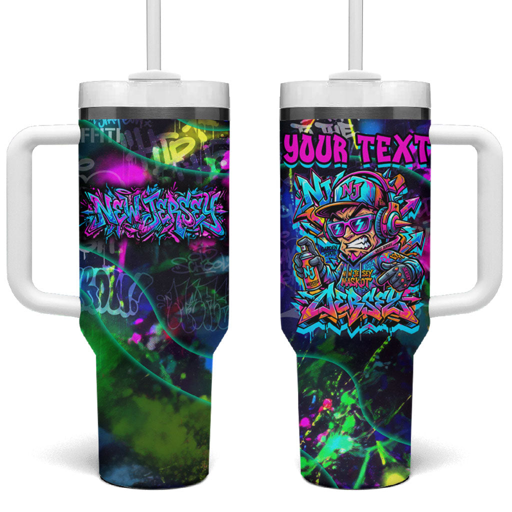 Personalized New Jersey Graffiti Mascot Tumbler With Handle Urban Street Art - Vibrant Neon Spray Paint Aesthetic