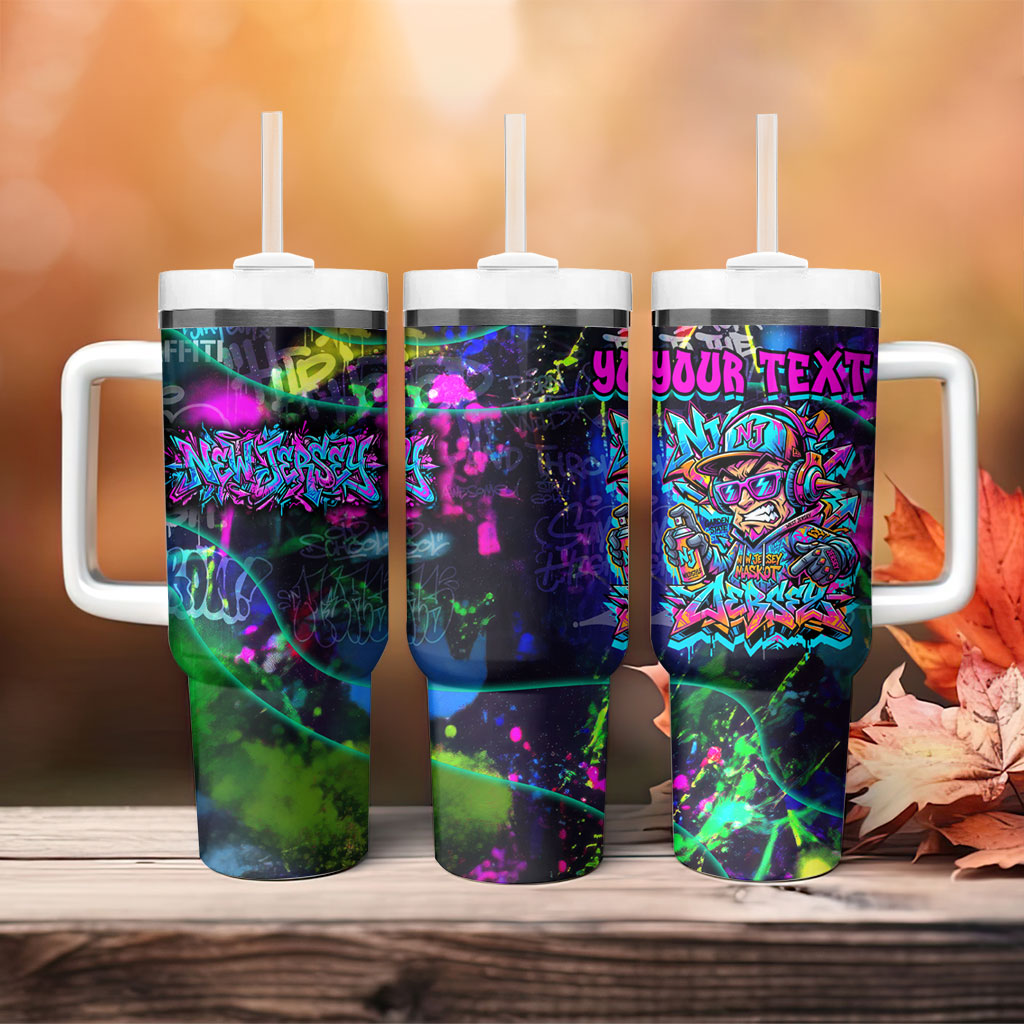 Personalized New Jersey Graffiti Mascot Tumbler With Handle Urban Street Art - Vibrant Neon Spray Paint Aesthetic