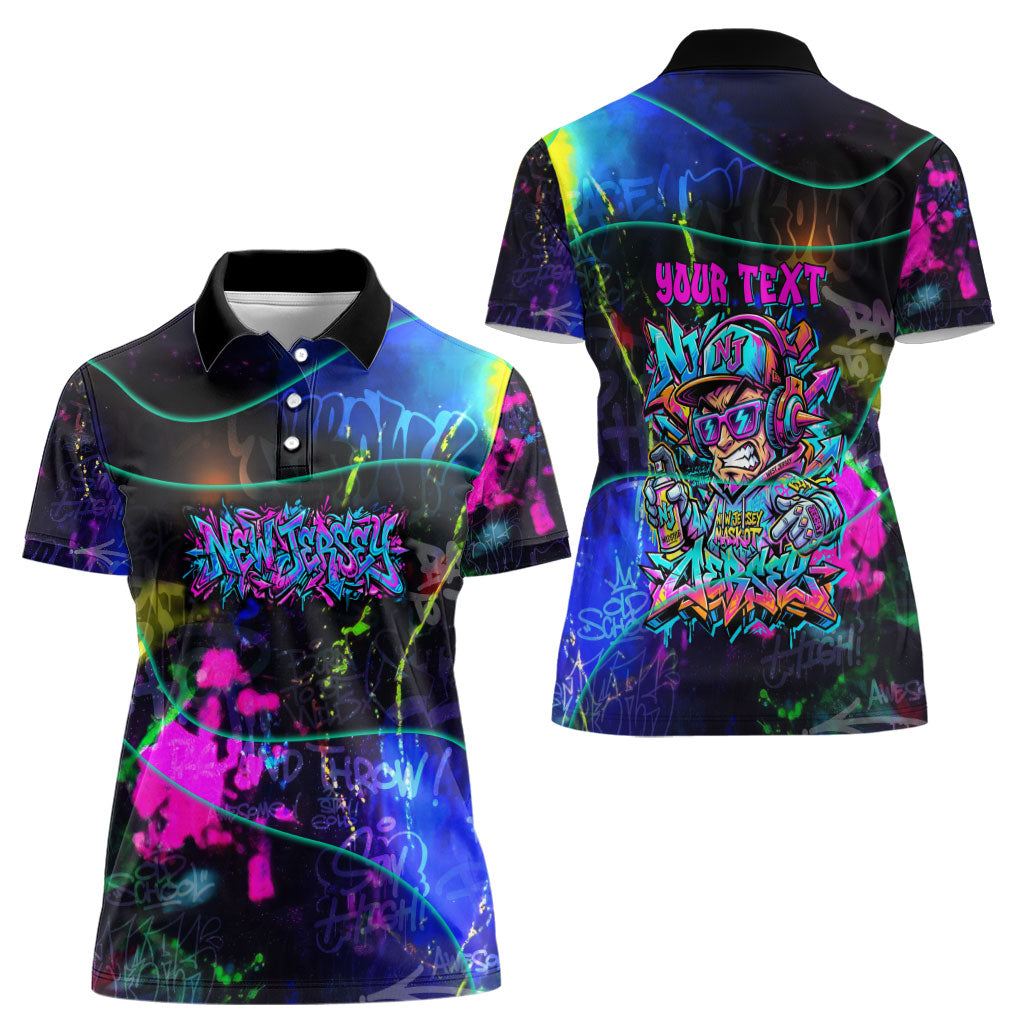 Personalized New Jersey Graffiti Mascot Women Polo Shirt Urban Street Art - Vibrant Neon Spray Paint Aesthetic
