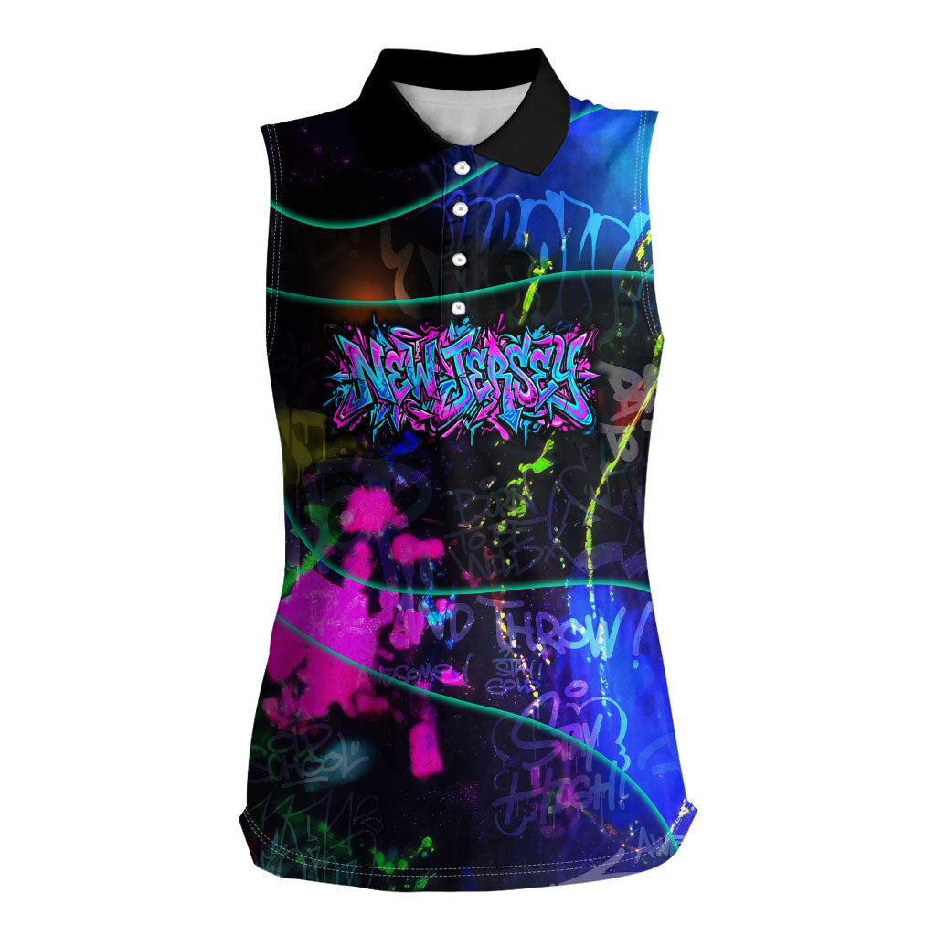 Personalized New Jersey Graffiti Mascot Women Sleeveless Polo Shirt Urban Street Art - Vibrant Neon Spray Paint Aesthetic