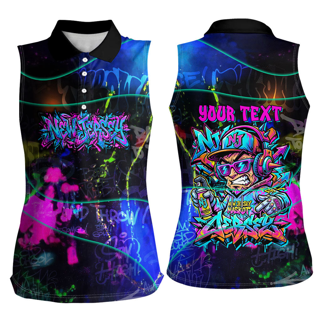 Personalized New Jersey Graffiti Mascot Women Sleeveless Polo Shirt Urban Street Art - Vibrant Neon Spray Paint Aesthetic