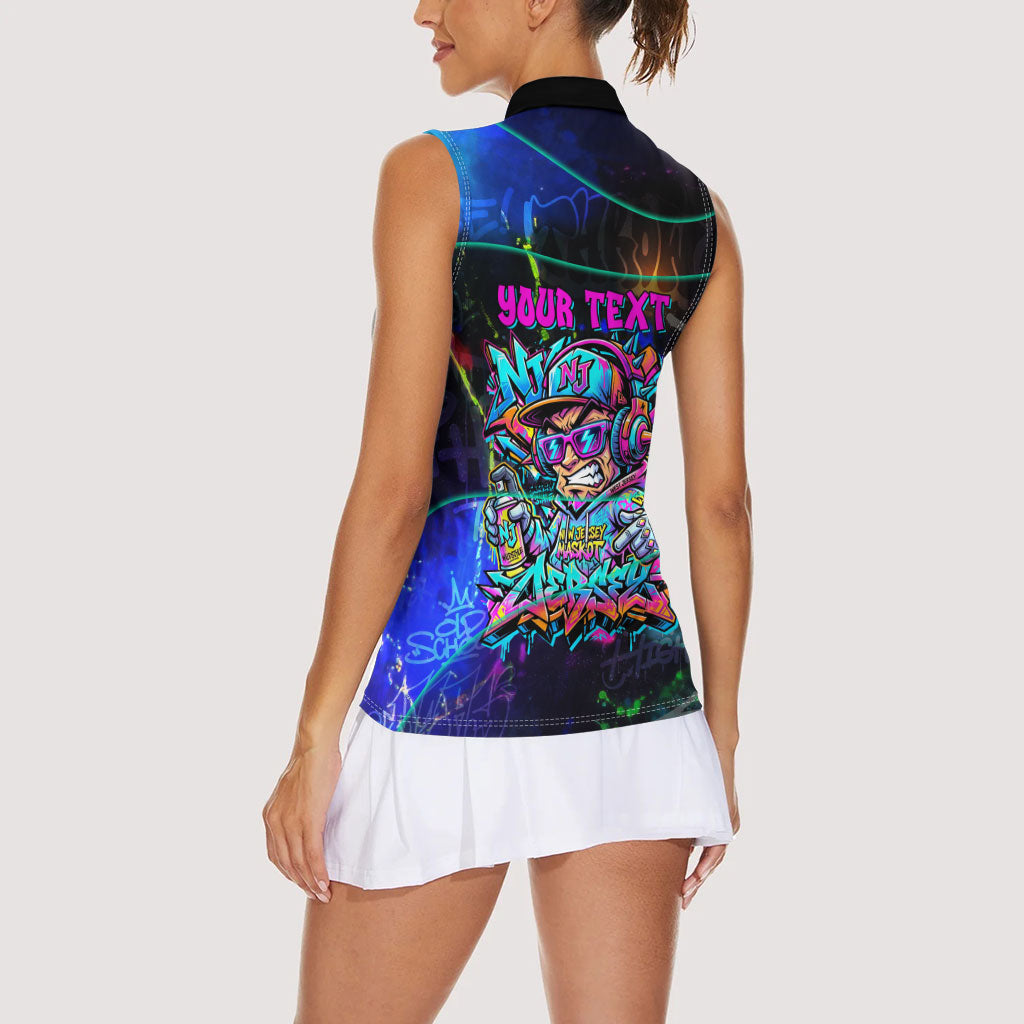 Personalized New Jersey Graffiti Mascot Women Sleeveless Polo Shirt Urban Street Art - Vibrant Neon Spray Paint Aesthetic