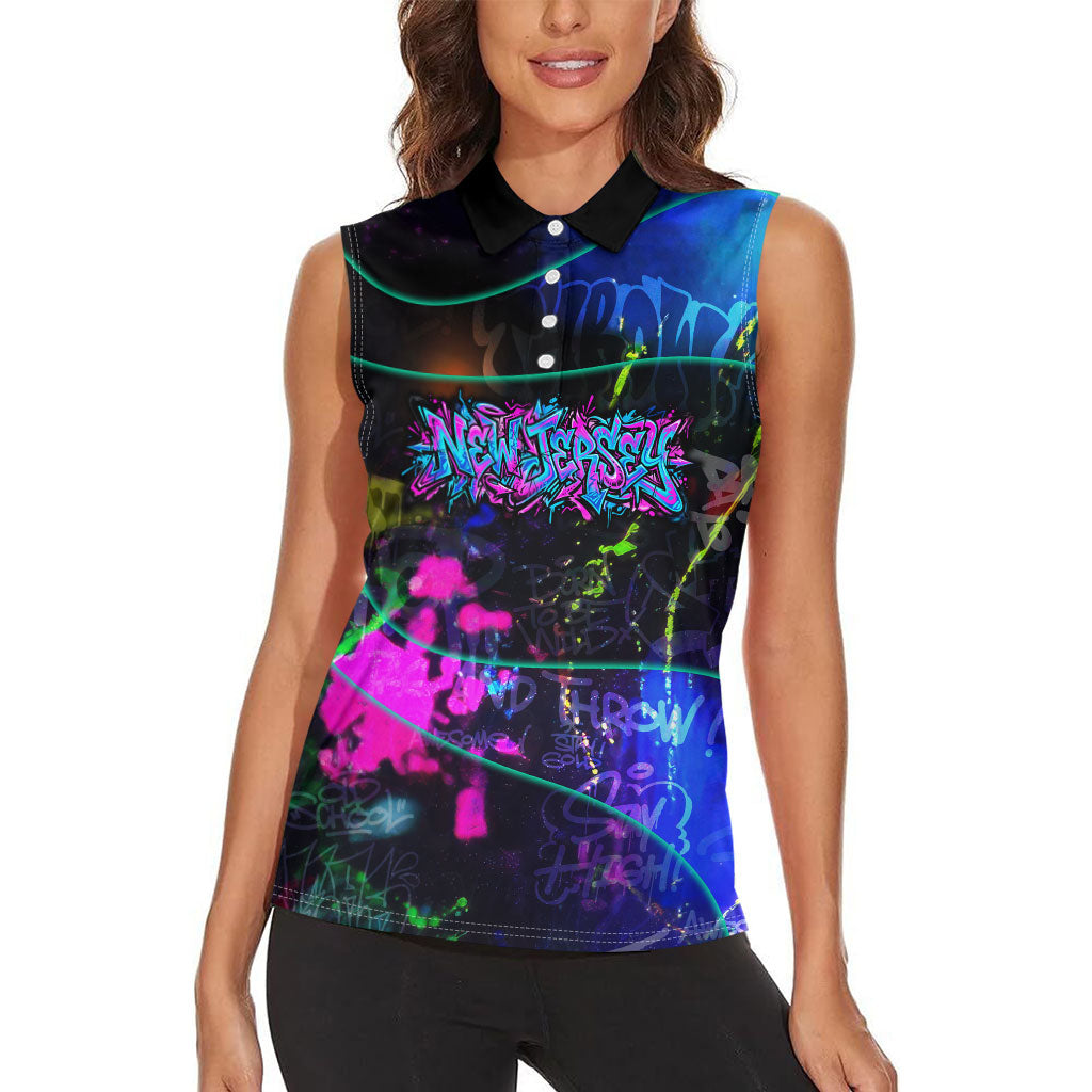 Personalized New Jersey Graffiti Mascot Women Sleeveless Polo Shirt Urban Street Art - Vibrant Neon Spray Paint Aesthetic