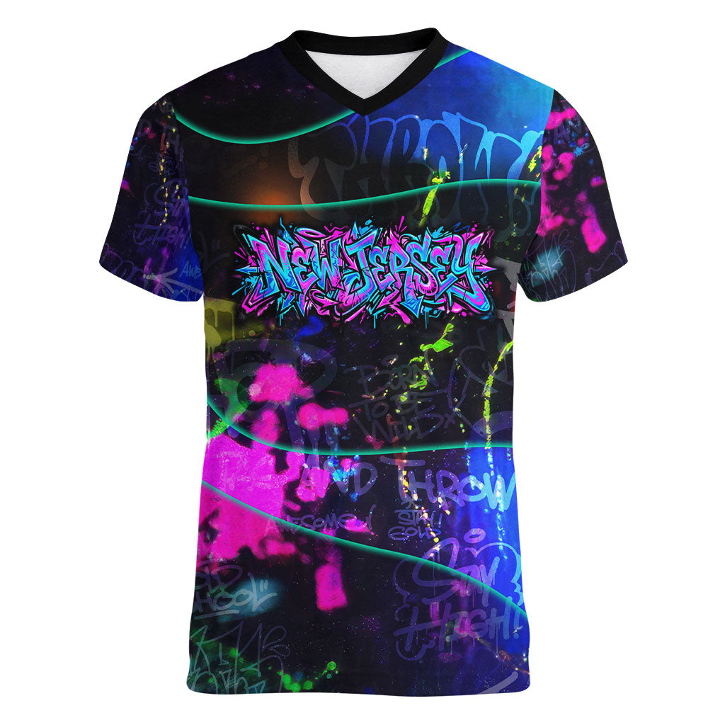 Personalized New Jersey Graffiti Mascot Women V-Neck T-Shirt Urban Street Art - Vibrant Neon Spray Paint Aesthetic