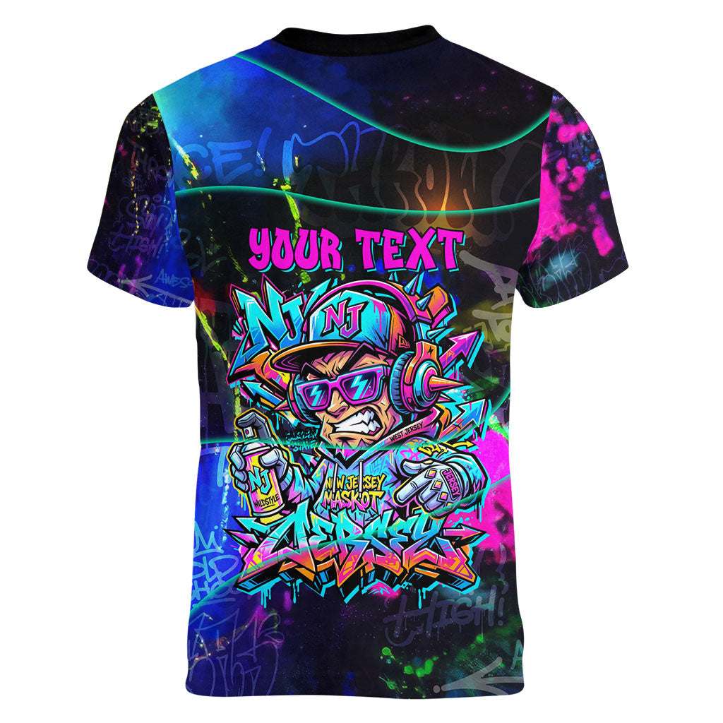 Personalized New Jersey Graffiti Mascot Women V-Neck T-Shirt Urban Street Art - Vibrant Neon Spray Paint Aesthetic