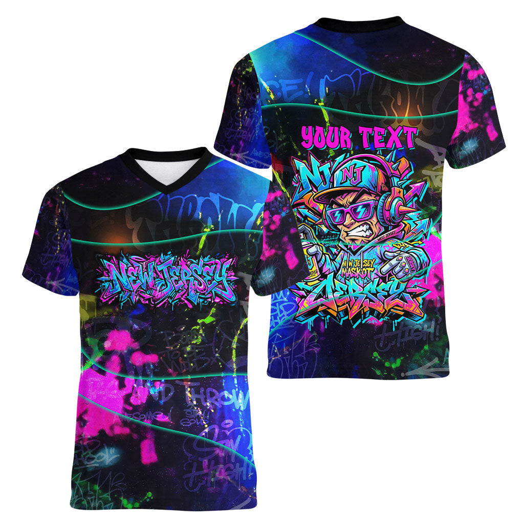 Personalized New Jersey Graffiti Mascot Women V-Neck T-Shirt Urban Street Art - Vibrant Neon Spray Paint Aesthetic