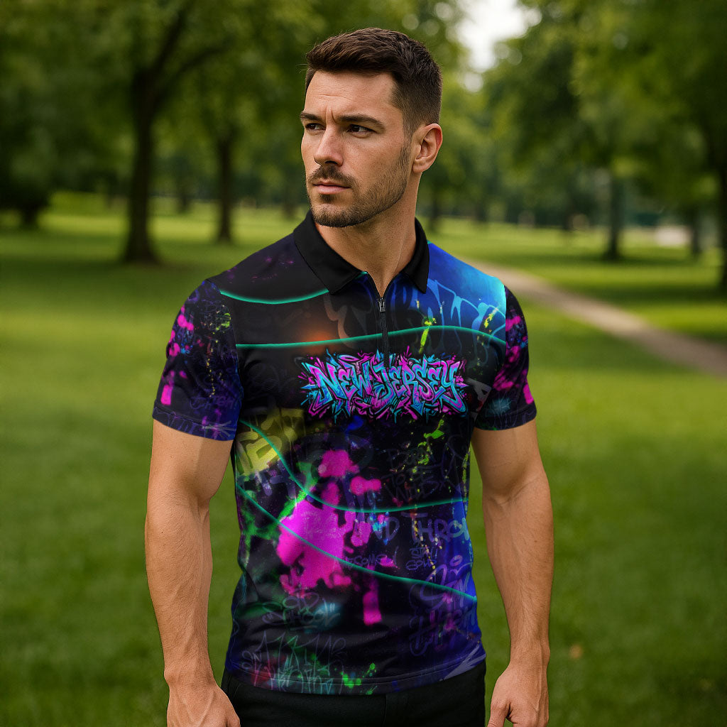 Personalized New Jersey Graffiti Mascot Zipper Polo Shirt Urban Street Art - Vibrant Neon Spray Paint Aesthetic