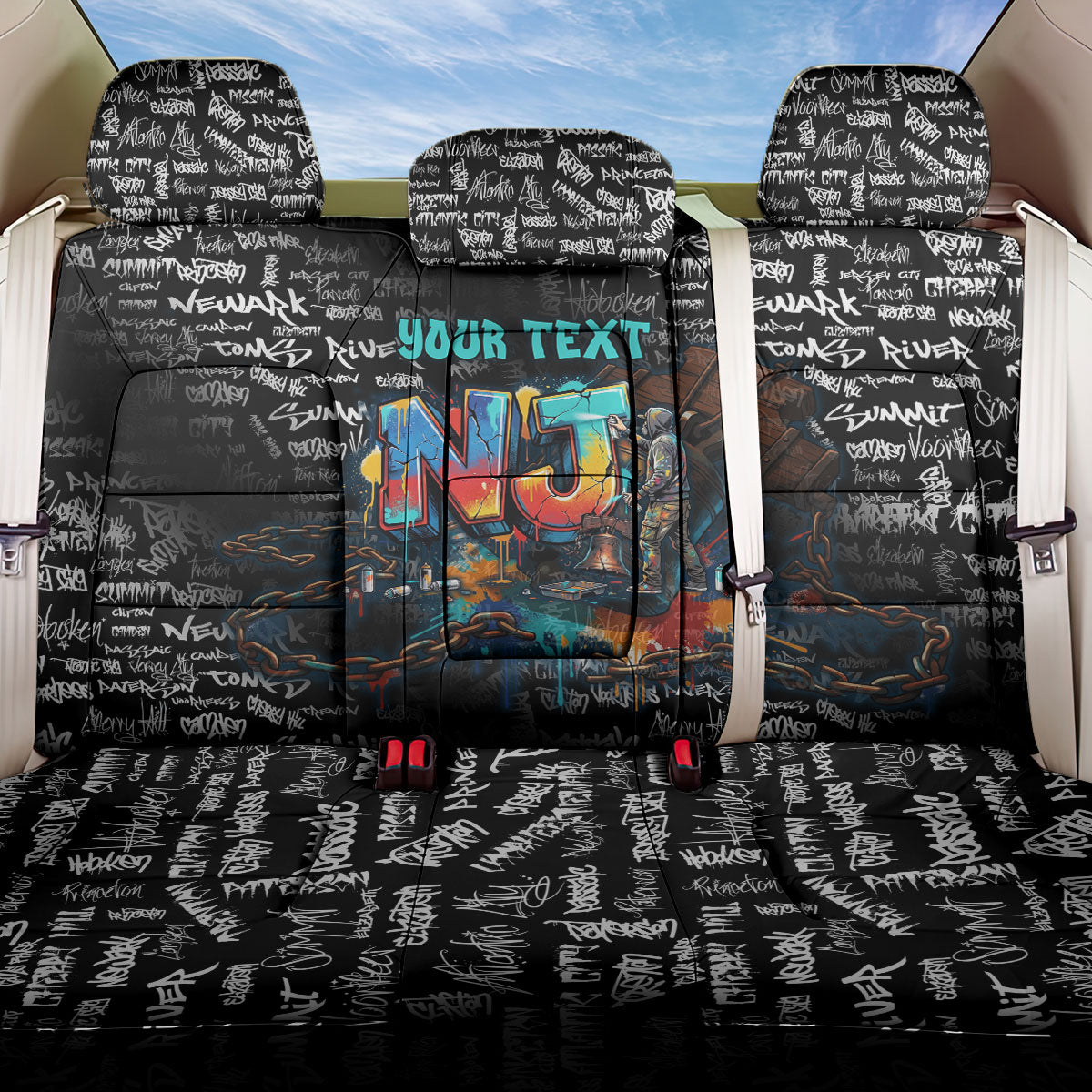 Personalized New Jersey Liberty Bell Graffiti Back Car Seat Cover Urban Street Art - Hand Drawn City Tagging