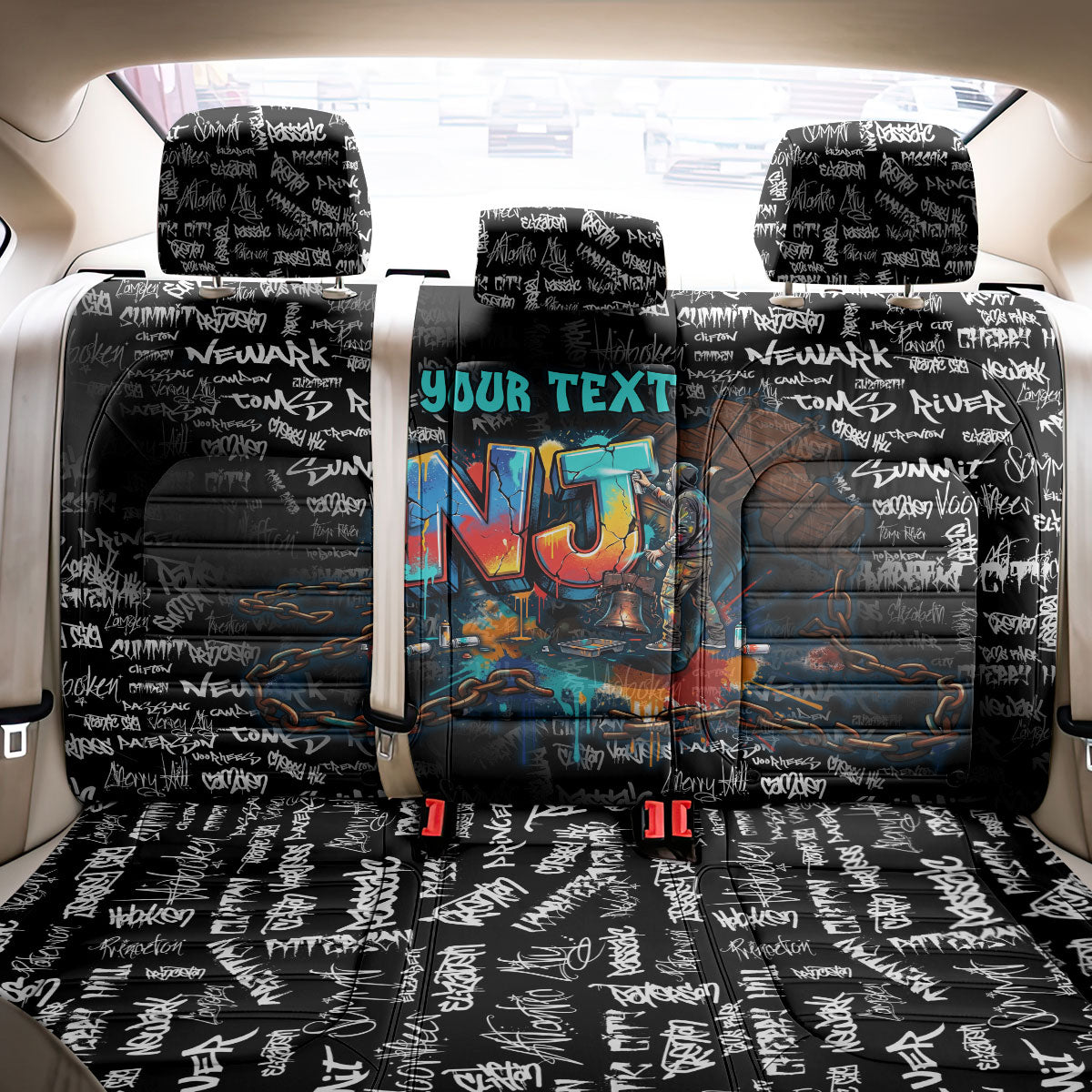 Personalized New Jersey Liberty Bell Graffiti Back Car Seat Cover Urban Street Art - Hand Drawn City Tagging