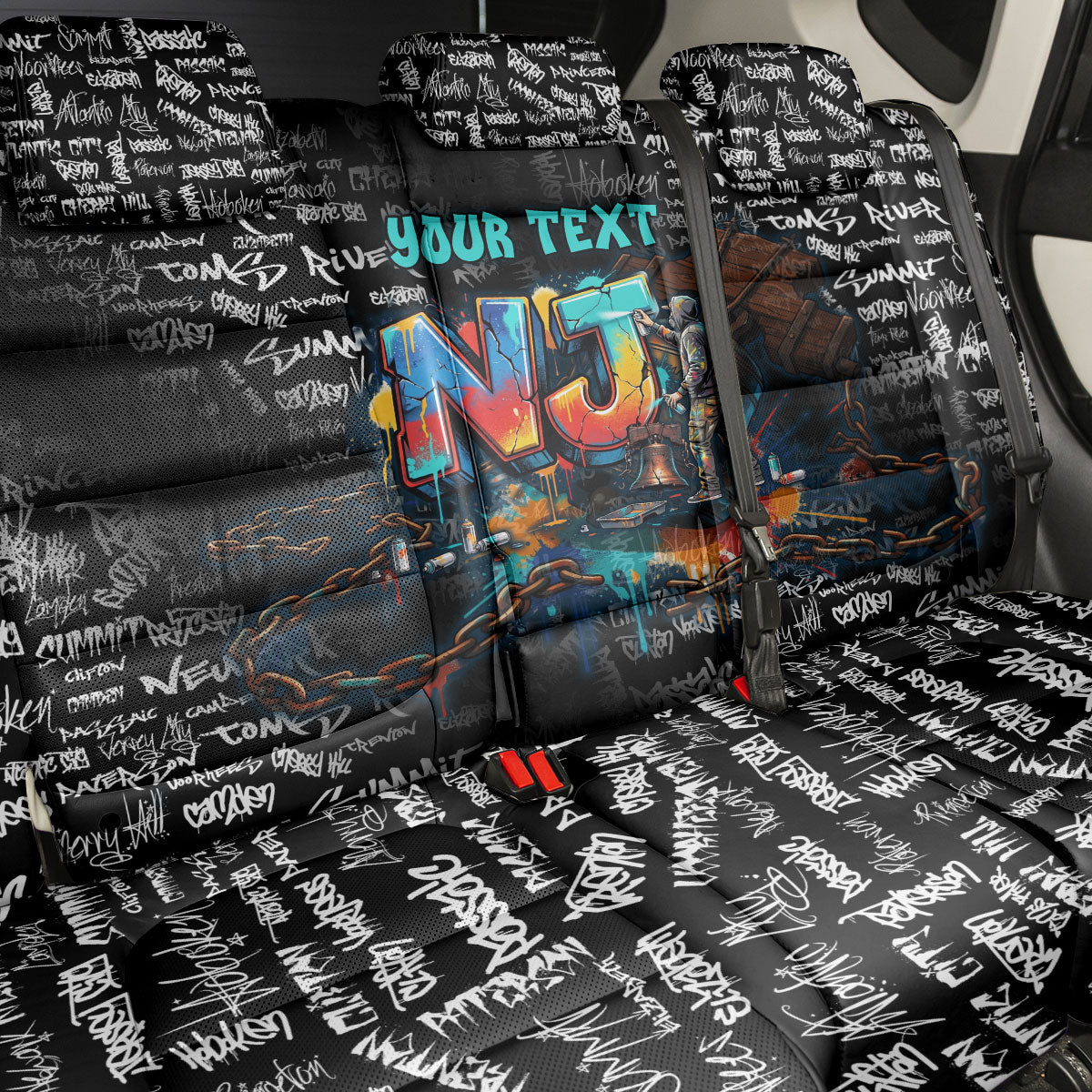 Personalized New Jersey Liberty Bell Graffiti Back Car Seat Cover Urban Street Art - Hand Drawn City Tagging
