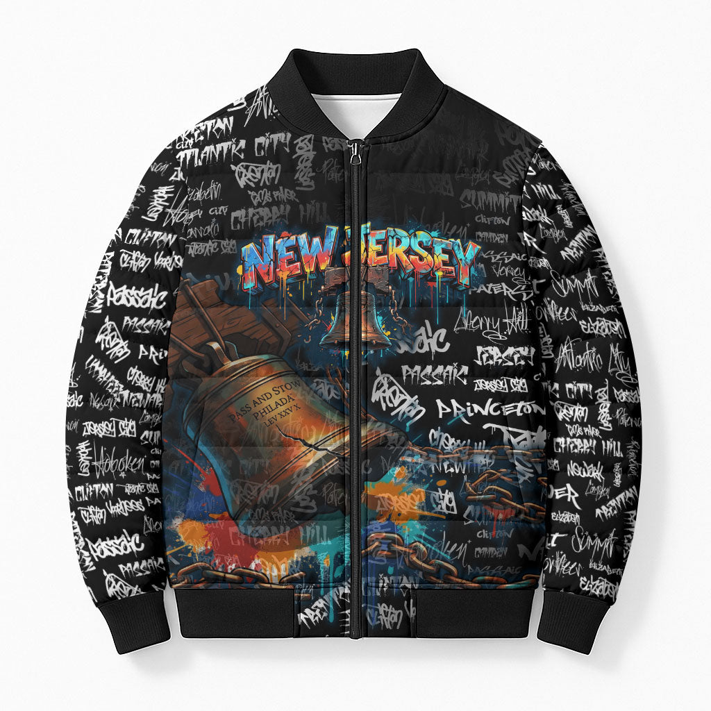Personalized New Jersey Liberty Bell Graffiti Bomber Puffer Jacket Urban Street Art - Hand Drawn City Tagging