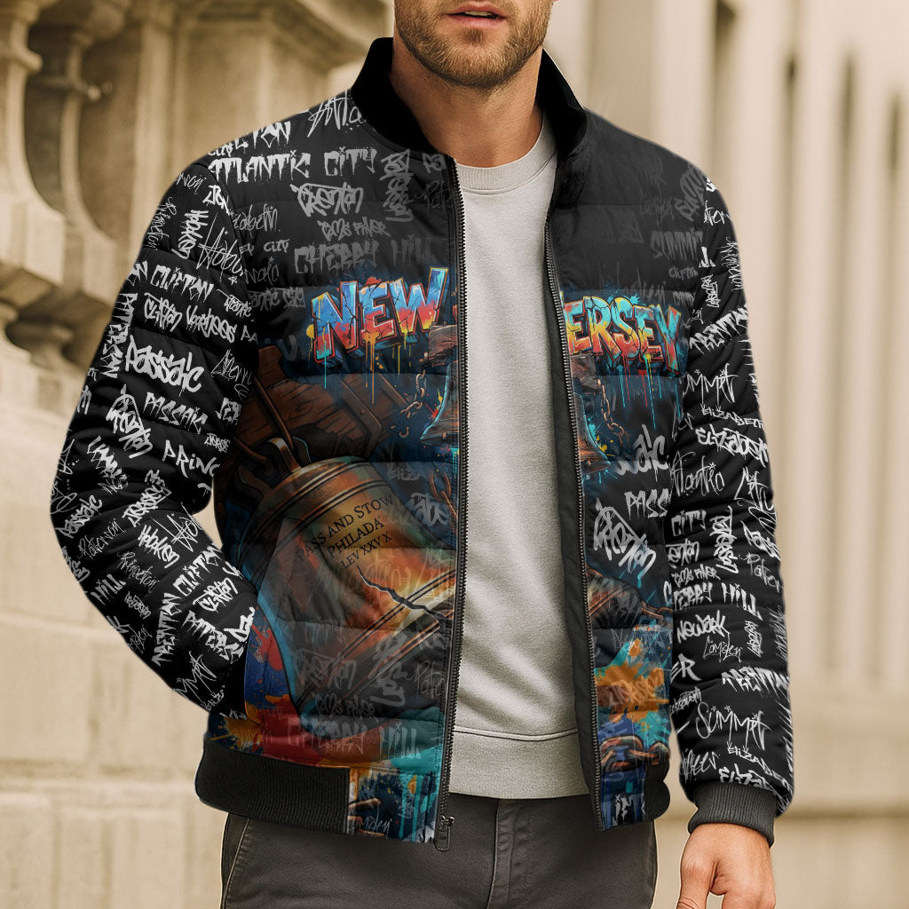 Personalized New Jersey Liberty Bell Graffiti Bomber Puffer Jacket Urban Street Art - Hand Drawn City Tagging