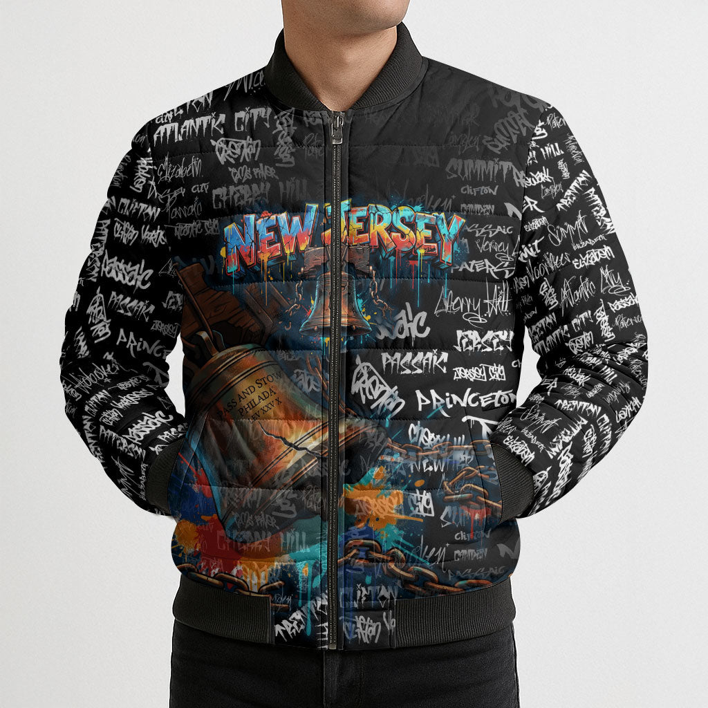 Personalized New Jersey Liberty Bell Graffiti Bomber Puffer Jacket Urban Street Art - Hand Drawn City Tagging