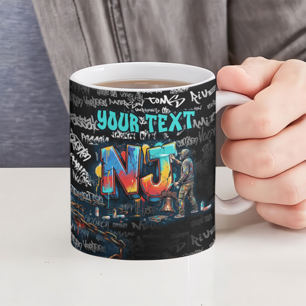 Personalized New Jersey Liberty Bell Graffiti Ceramic Mug Urban Street Art - Hand Drawn City Tagging