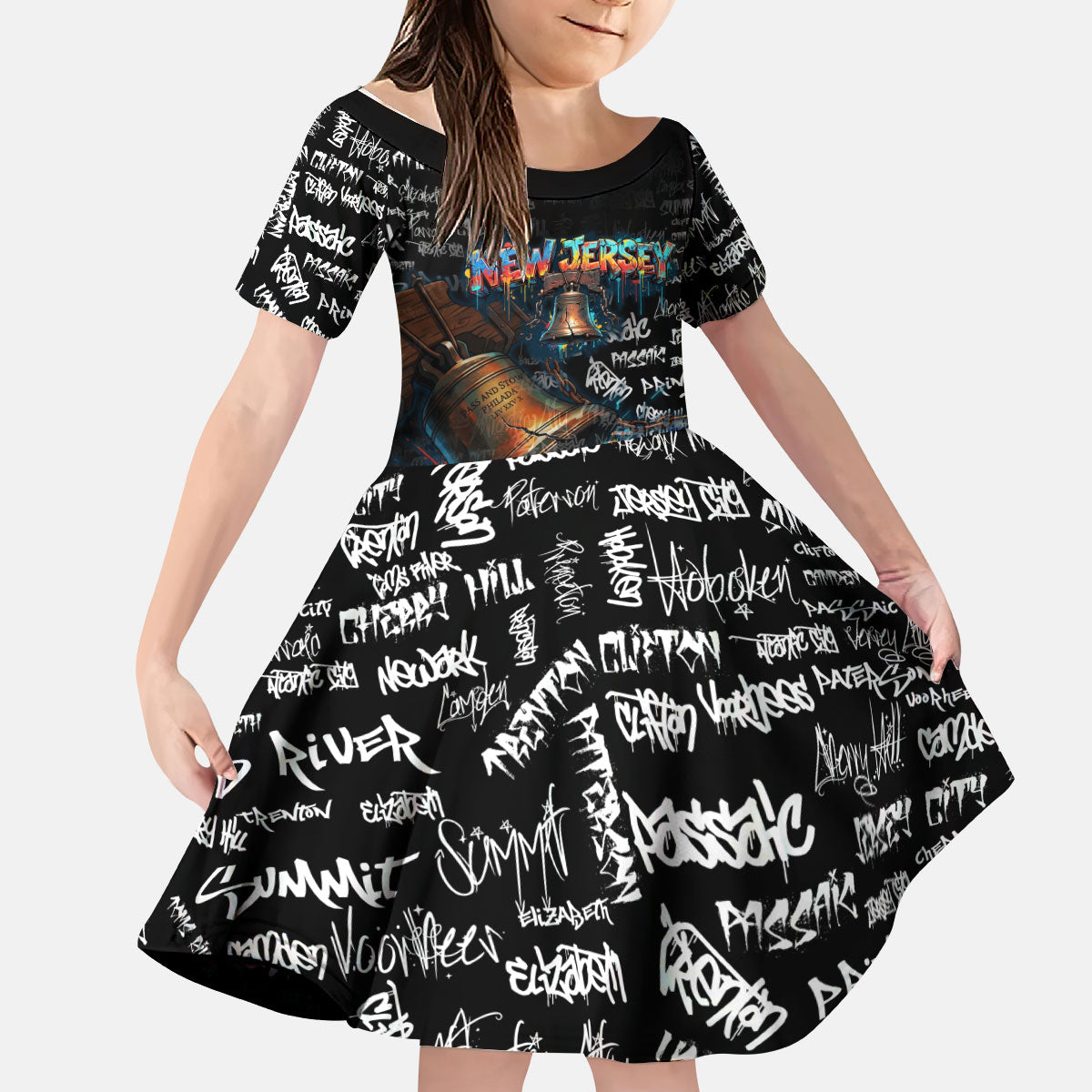 Personalized New Jersey Liberty Bell Graffiti Kid Short Sleeve Dress Urban Street Art - Hand Drawn City Tagging
