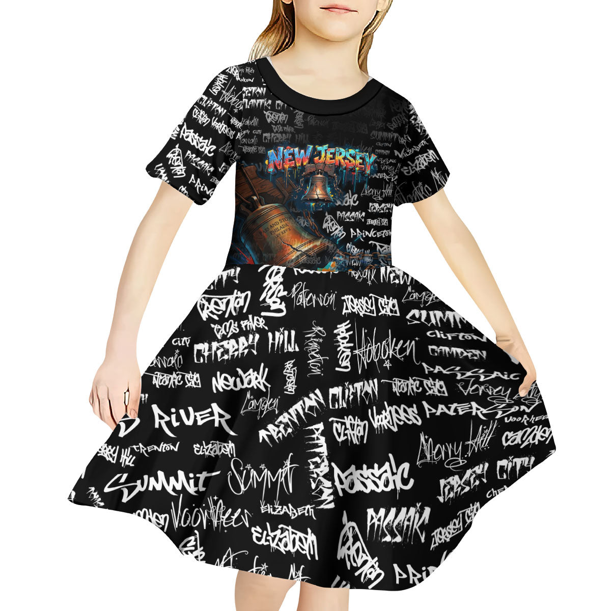 Personalized New Jersey Liberty Bell Graffiti Kid Short Sleeve Dress Urban Street Art - Hand Drawn City Tagging