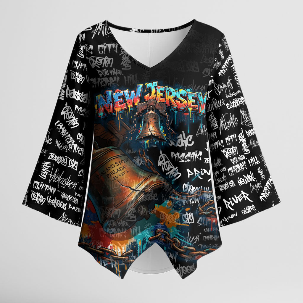 Personalized New Jersey Liberty Bell Graffiti Kimono Sleeve Blouse Urban Street Art - Hand Drawn City Tagging