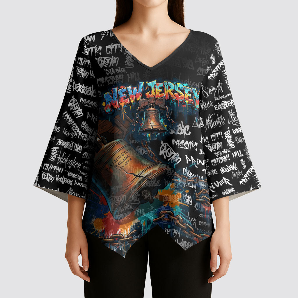 Personalized New Jersey Liberty Bell Graffiti Kimono Sleeve Blouse Urban Street Art - Hand Drawn City Tagging