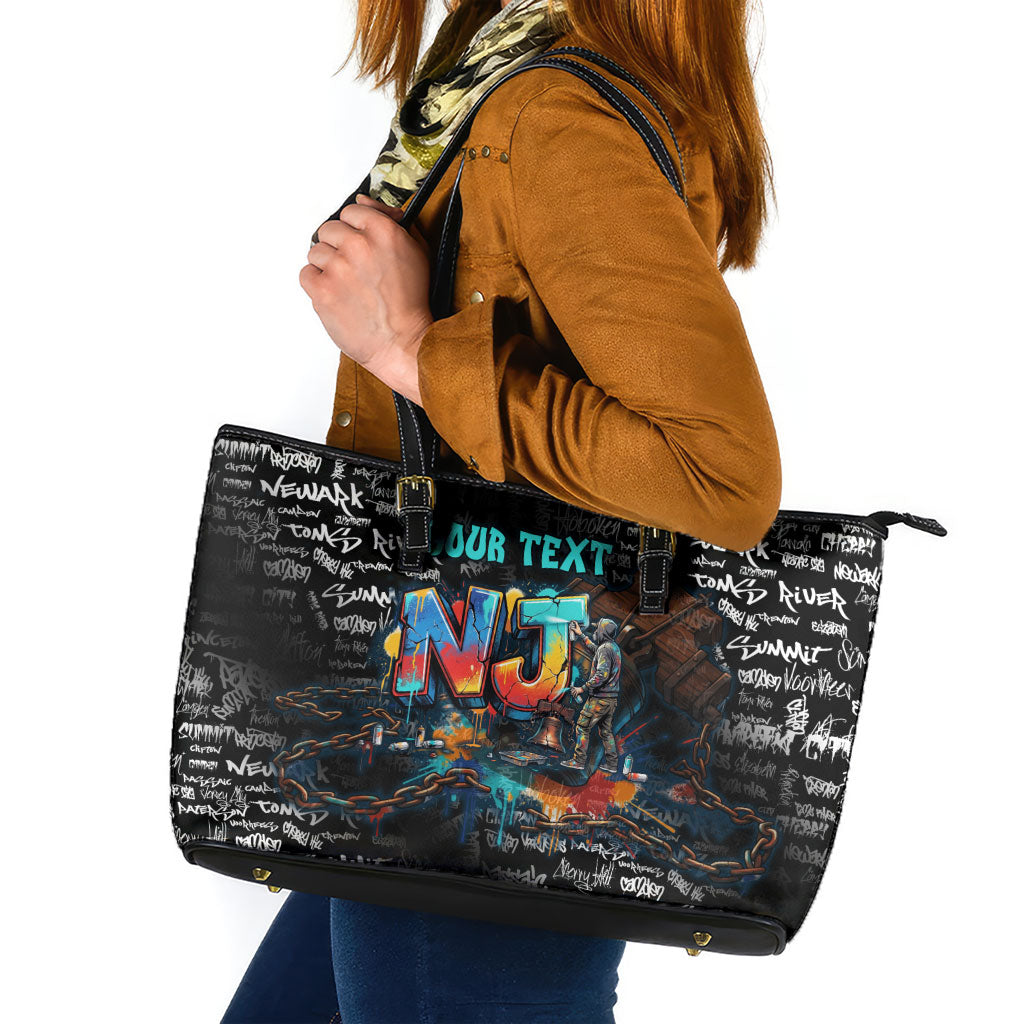 Personalized New Jersey Liberty Bell Graffiti Leather Tote Bag Urban Street Art - Hand Drawn City Tagging