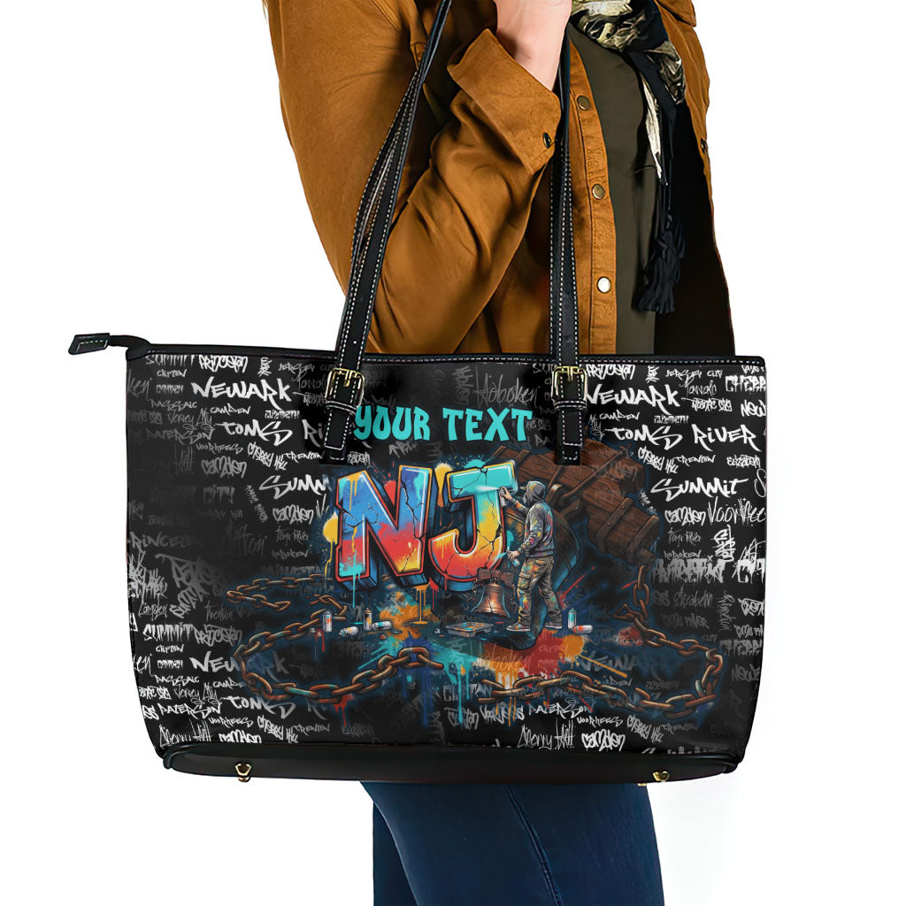 Personalized New Jersey Liberty Bell Graffiti Leather Tote Bag Urban Street Art - Hand Drawn City Tagging