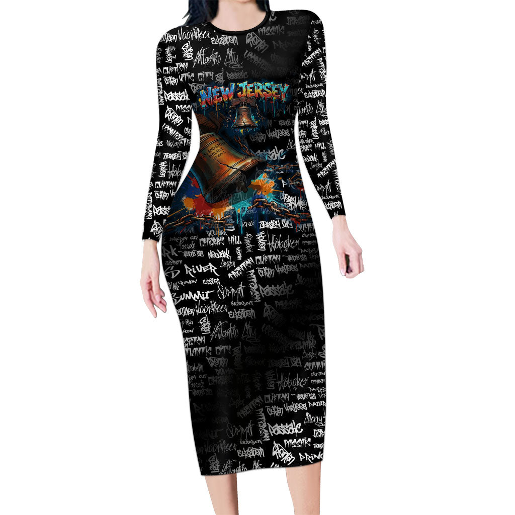 Personalized New Jersey Liberty Bell Graffiti Long Sleeve Bodycon Dress Urban Street Art - Hand Drawn City Tagging