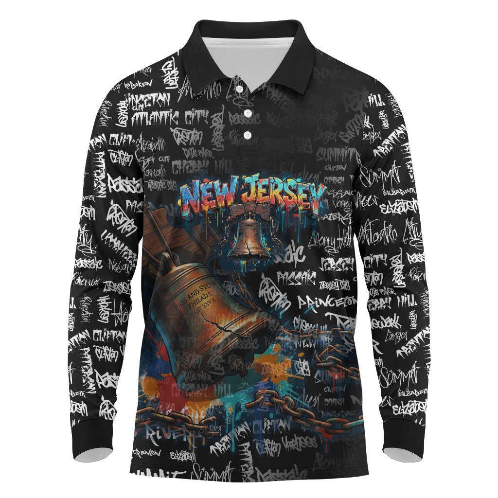 Personalized New Jersey Liberty Bell Graffiti Long Sleeve Polo Shirt Urban Street Art - Hand Drawn City Tagging