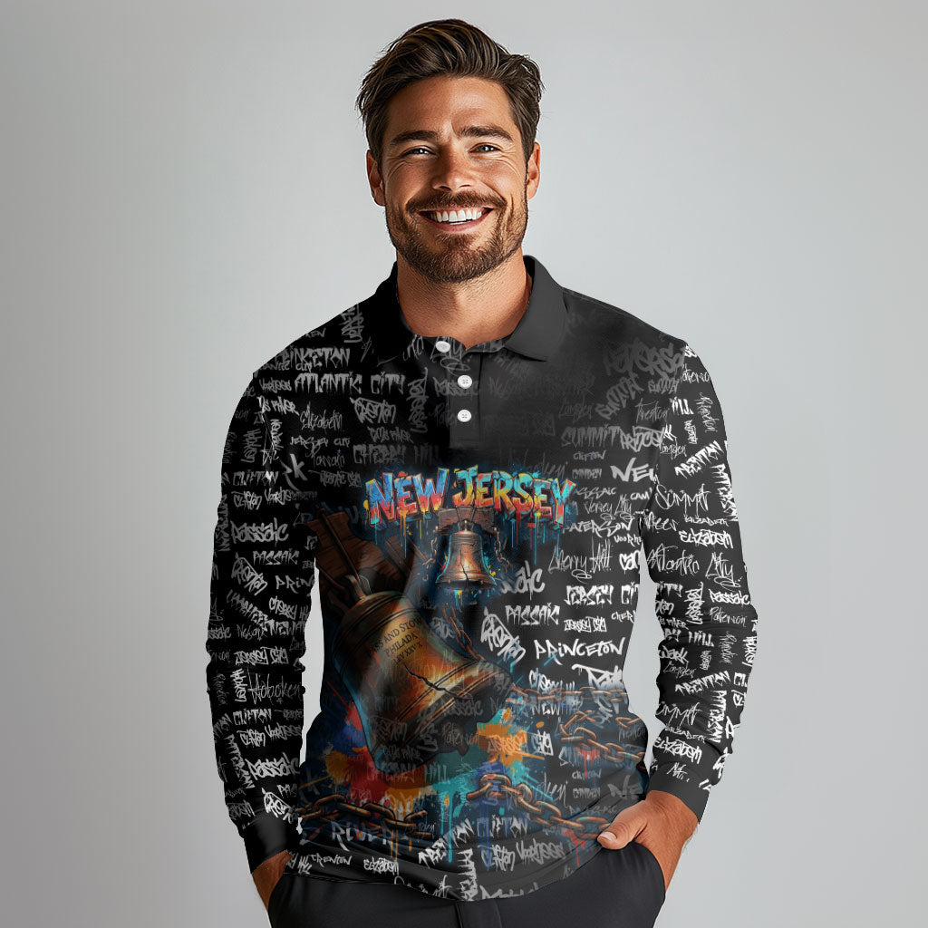 Personalized New Jersey Liberty Bell Graffiti Long Sleeve Polo Shirt Urban Street Art - Hand Drawn City Tagging