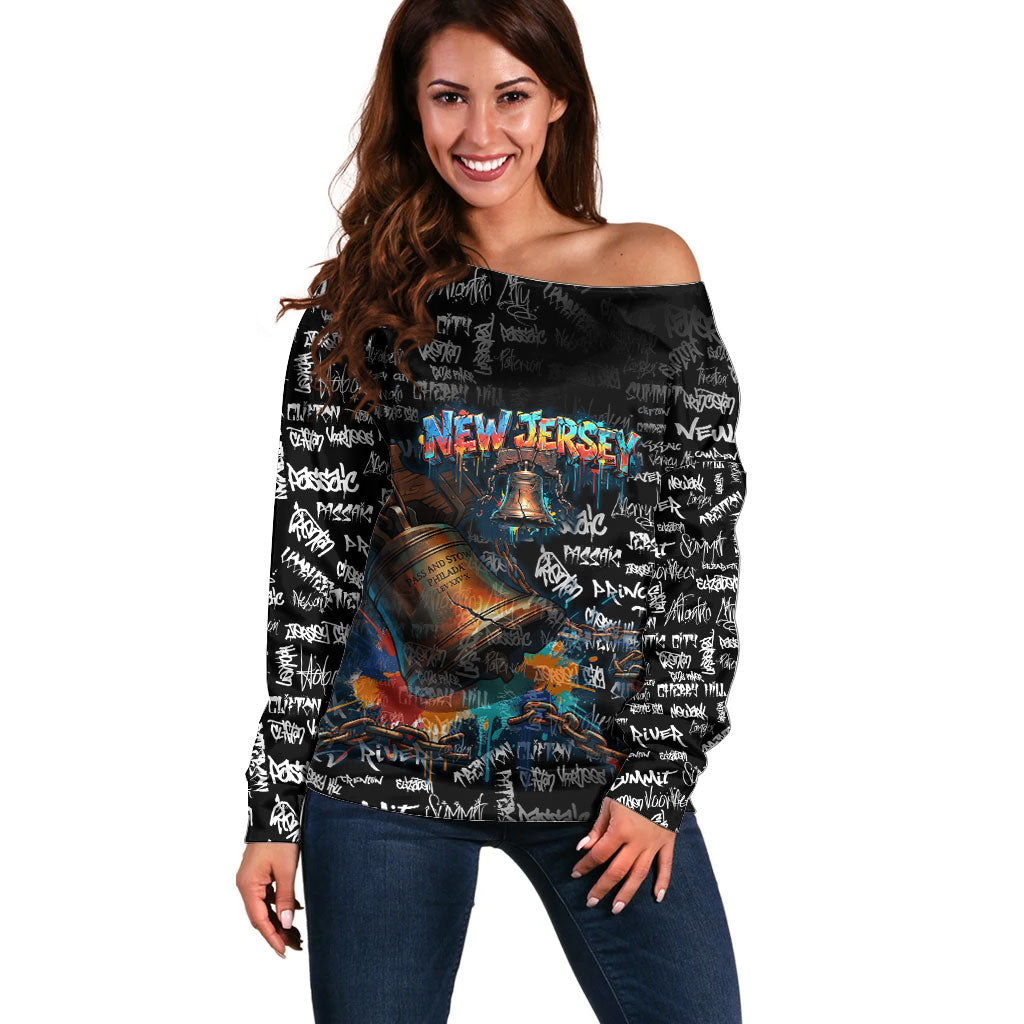 Personalized New Jersey Liberty Bell Graffiti Off Shoulder Sweater Urban Street Art - Hand Drawn City Tagging