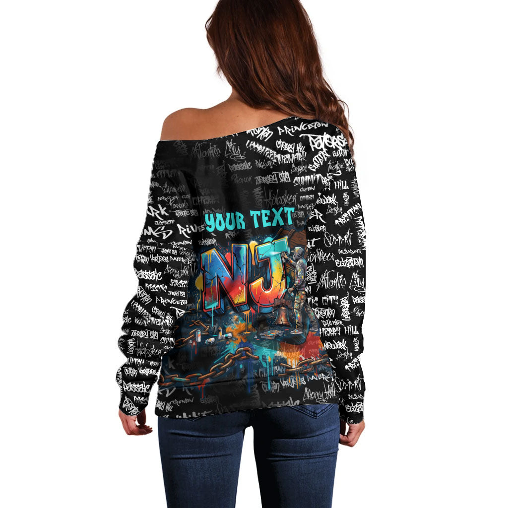Personalized New Jersey Liberty Bell Graffiti Off Shoulder Sweater Urban Street Art - Hand Drawn City Tagging