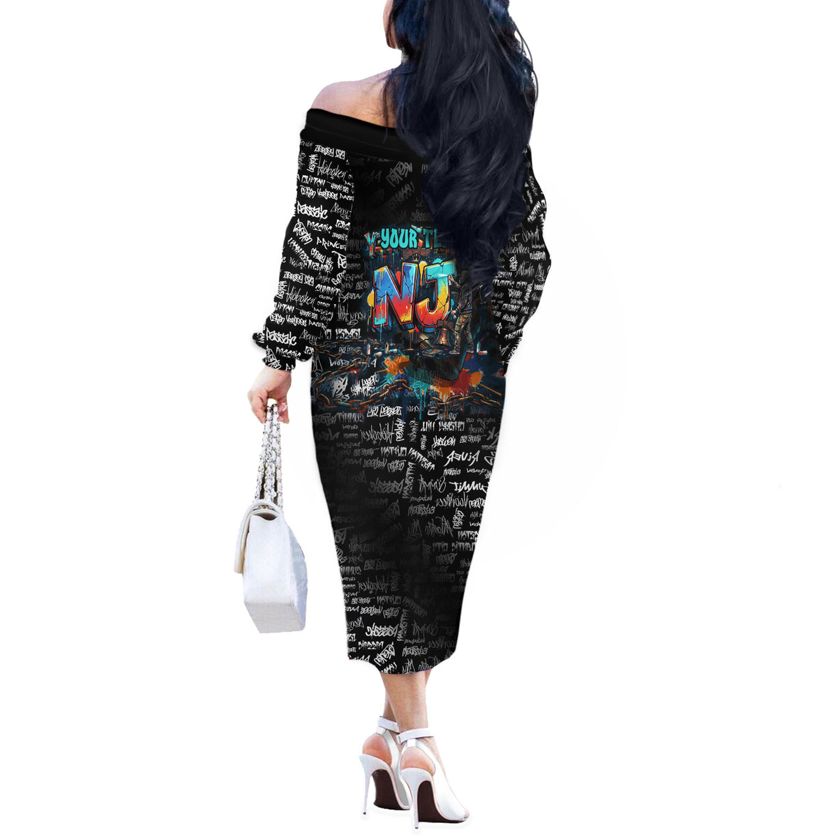 Personalized New Jersey Liberty Bell Graffiti Off The Shoulder Long Sleeve Dress Urban Street Art - Hand Drawn City Tagging