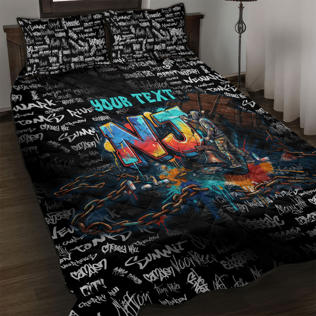 Personalized New Jersey Liberty Bell Graffiti Quilt Bed Set Urban Street Art - Hand Drawn City Tagging