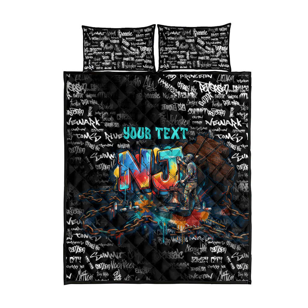 Personalized New Jersey Liberty Bell Graffiti Quilt Bed Set Urban Street Art - Hand Drawn City Tagging