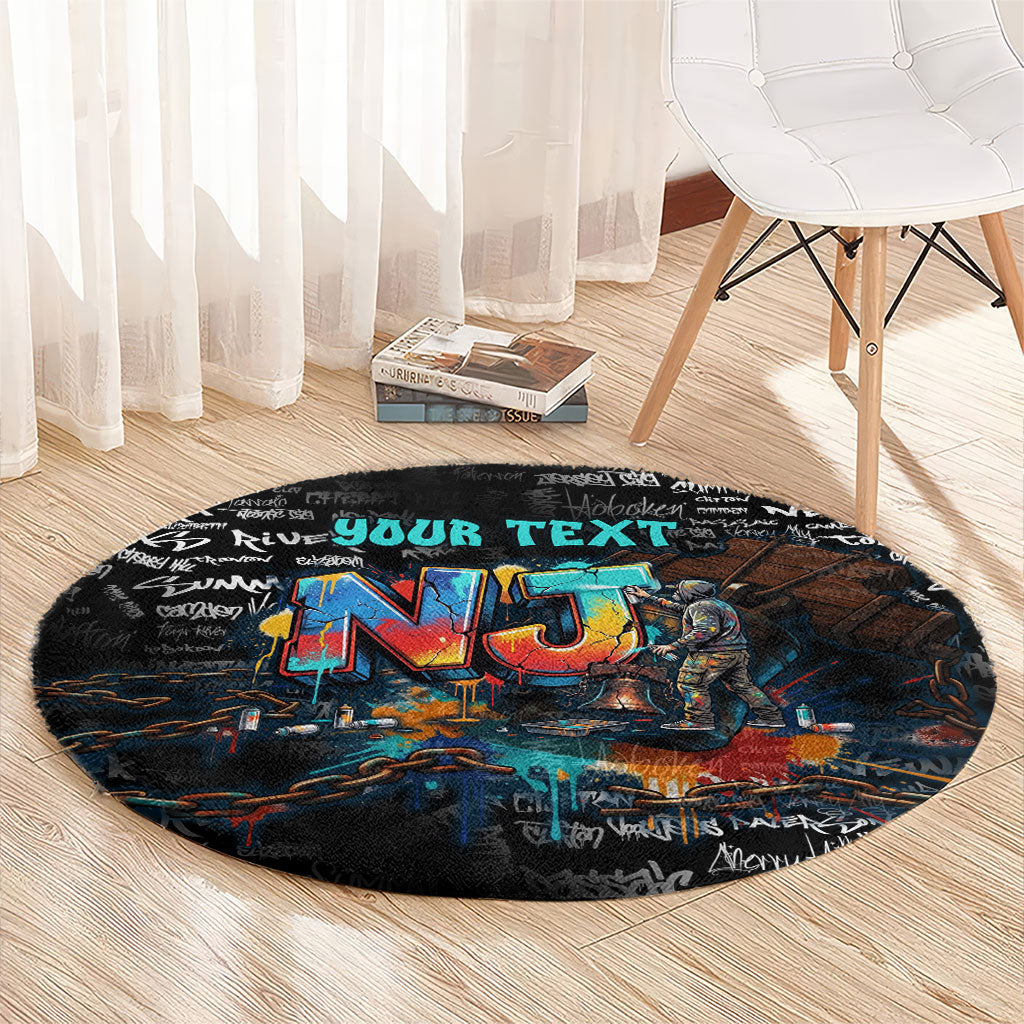 Personalized New Jersey Liberty Bell Graffiti Round Carpet Urban Street Art - Hand Drawn City Tagging