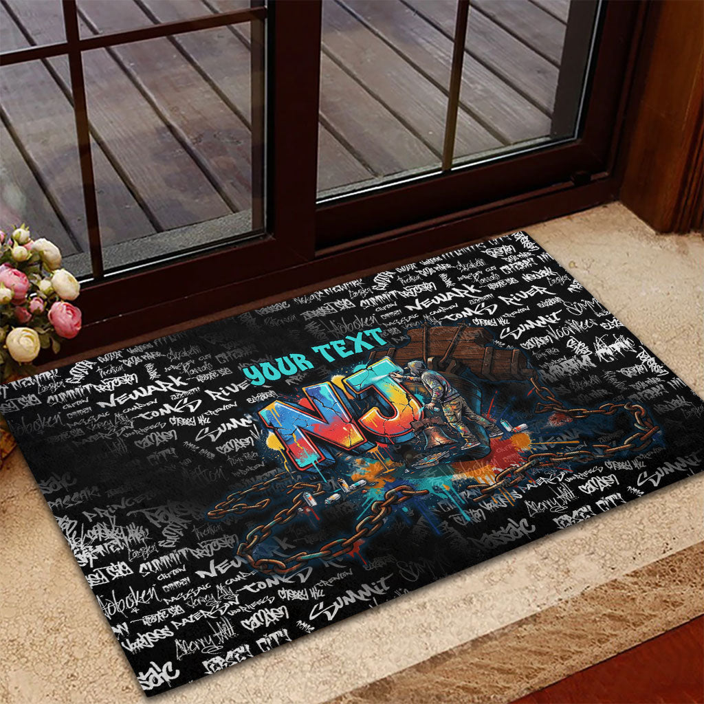 Personalized New Jersey Liberty Bell Graffiti Rubber Doormat Urban Street Art - Hand Drawn City Tagging