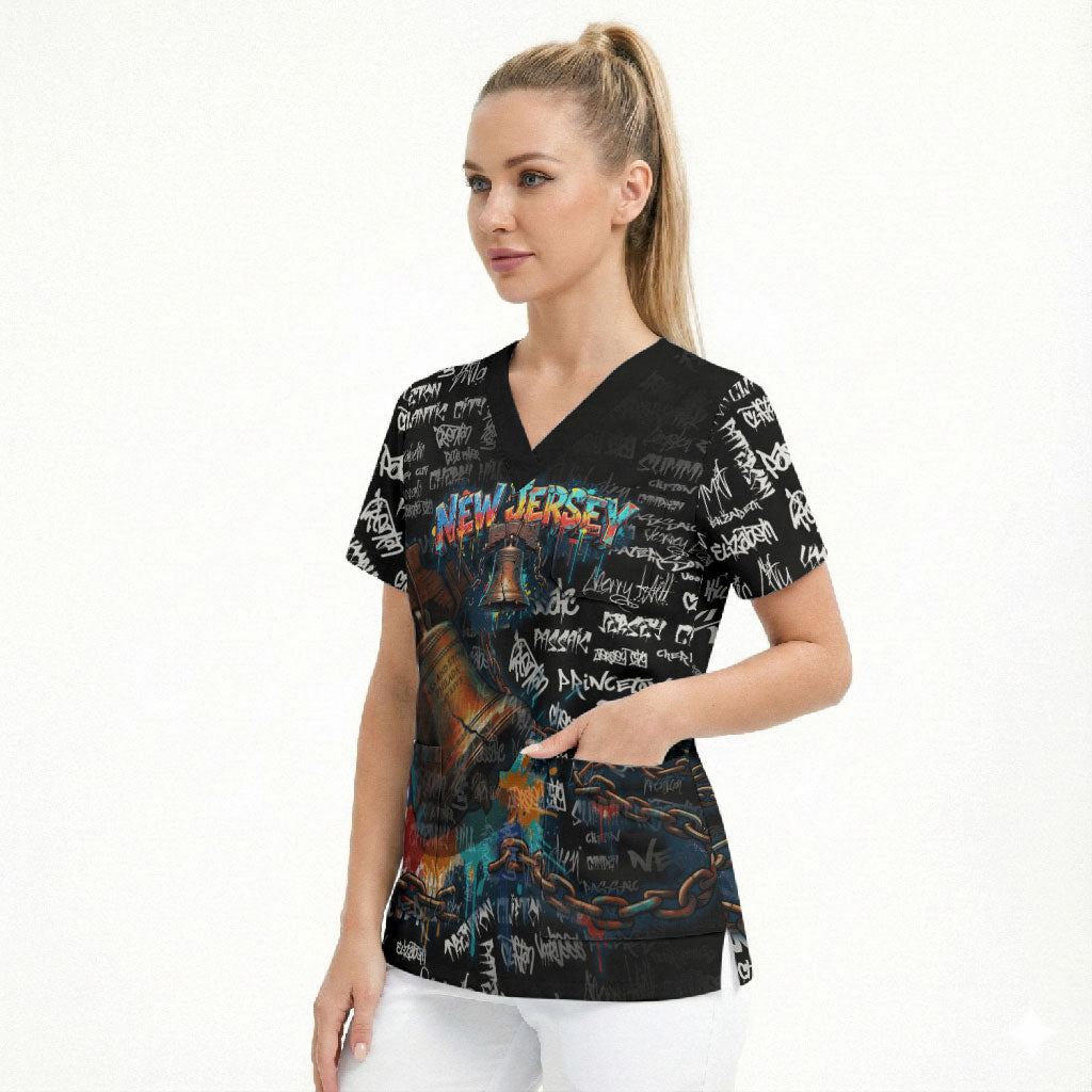 Personalized New Jersey Liberty Bell Graffiti Scrub Top Urban Street Art - Hand Drawn City Tagging