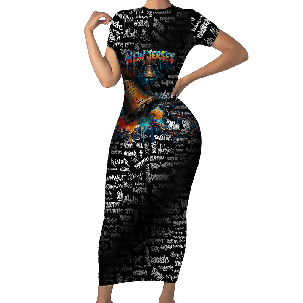 Personalized New Jersey Liberty Bell Graffiti Short Sleeve Bodycon Dress Urban Street Art - Hand Drawn City Tagging