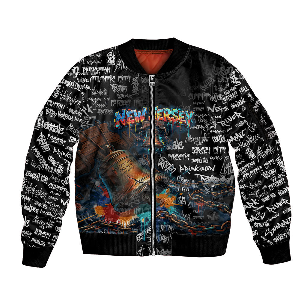 Personalized New Jersey Liberty Bell Graffiti Sleeve Zip Bomber Jacket Urban Street Art - Hand Drawn City Tagging