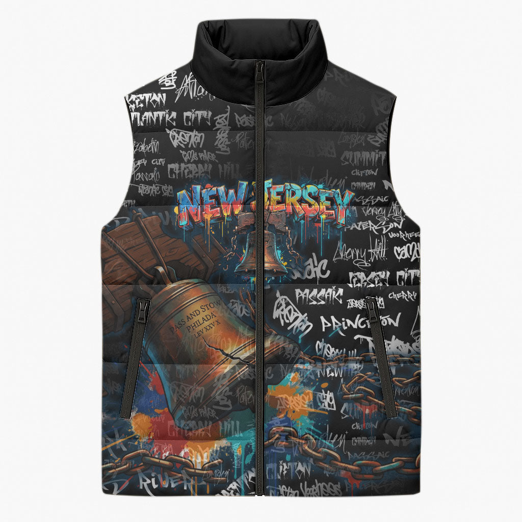 Personalized New Jersey Liberty Bell Graffiti Sleeveless Puffer Jacket Urban Street Art - Hand Drawn City Tagging