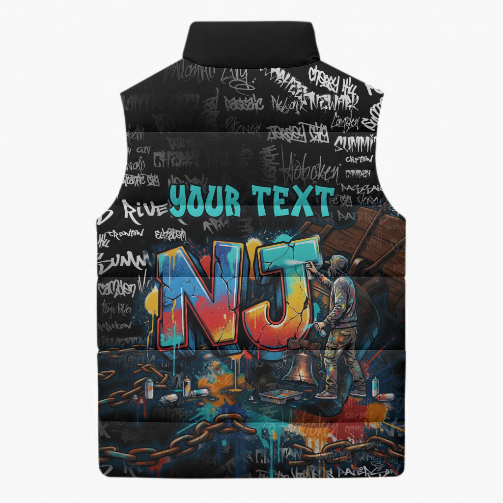 Personalized New Jersey Liberty Bell Graffiti Sleeveless Puffer Jacket Urban Street Art - Hand Drawn City Tagging
