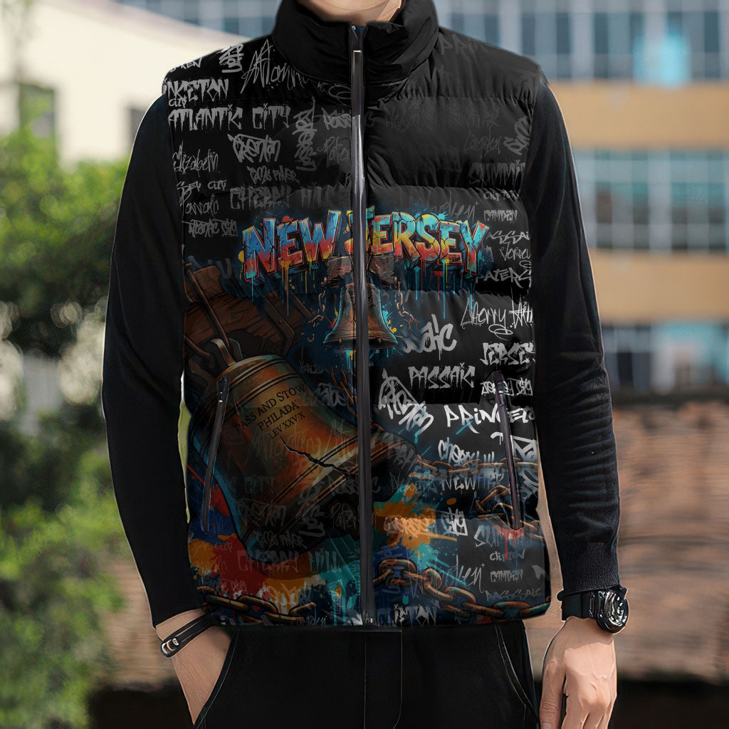 Personalized New Jersey Liberty Bell Graffiti Sleeveless Puffer Jacket Urban Street Art - Hand Drawn City Tagging