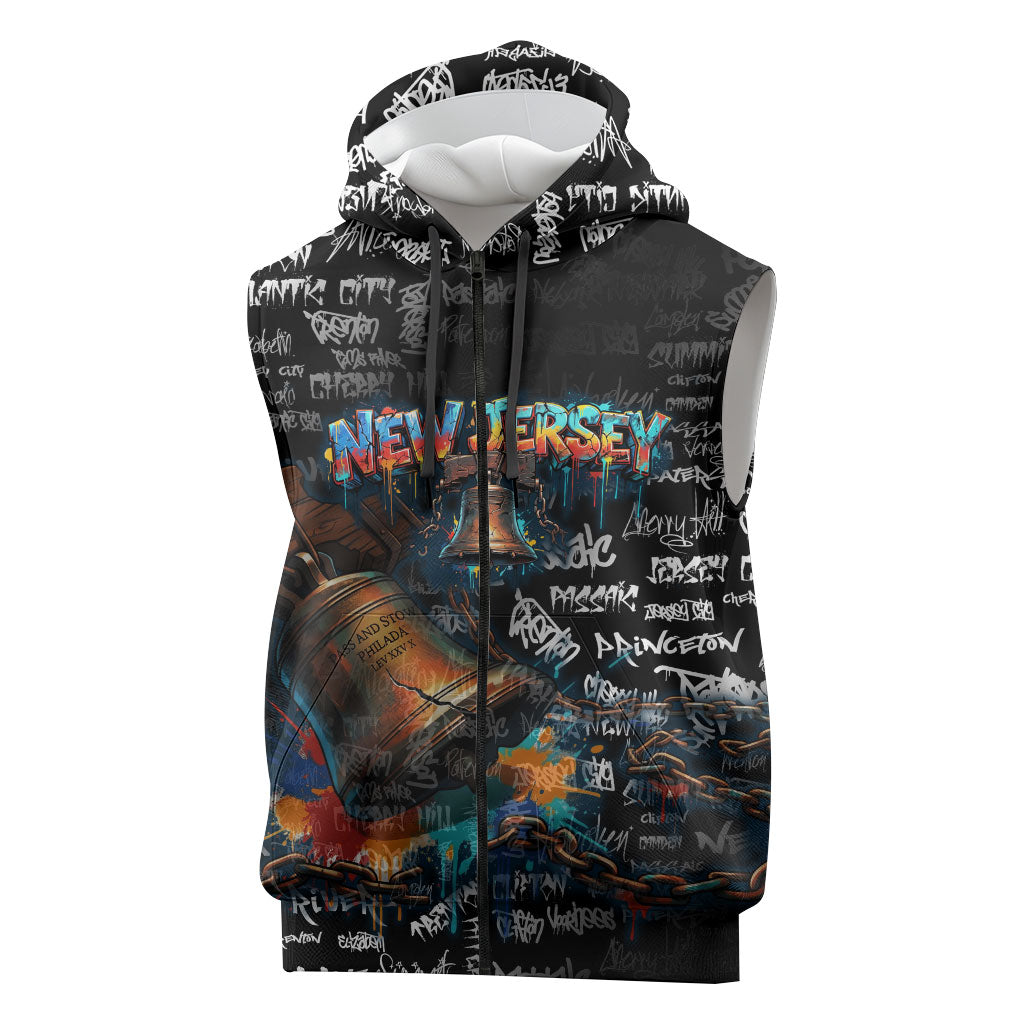 Personalized New Jersey Liberty Bell Graffiti Sleeveless Zip Hoodie Urban Street Art - Hand Drawn City Tagging