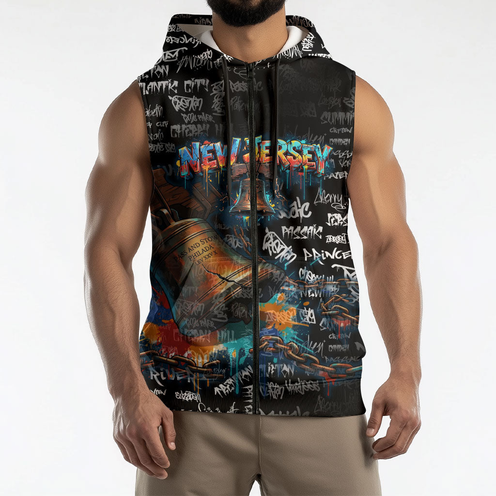 Personalized New Jersey Liberty Bell Graffiti Sleeveless Zip Hoodie Urban Street Art - Hand Drawn City Tagging